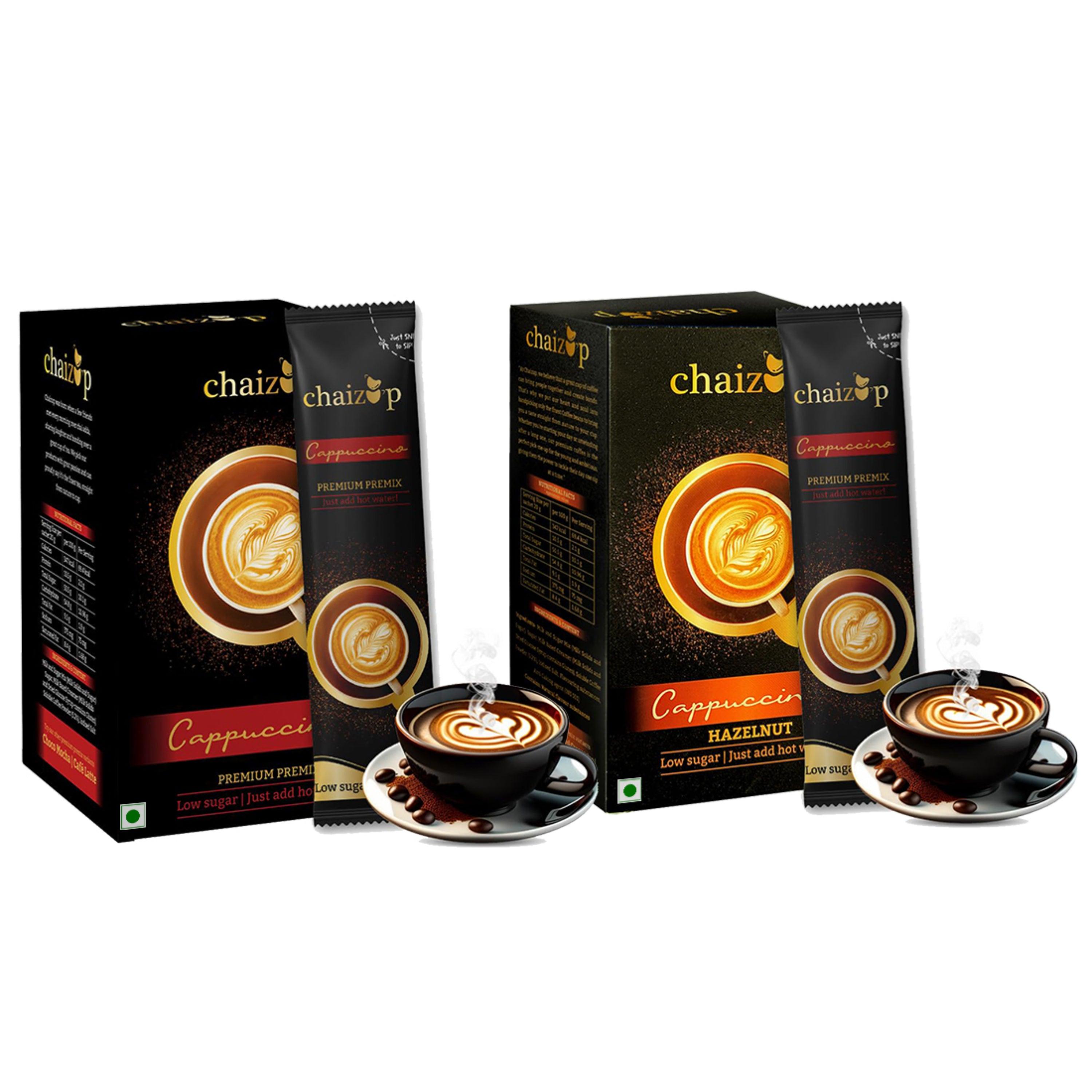 Chaizup Premium 1 Min Instant Assorted Coffee Pack - 12 Sachets | Cappuccino & Hazelnut Flavours | 12 Servings | 2 Packs (6 Sachets Each) | 240g
